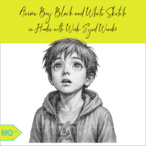 Anime Boy Black and White Sketch in Hoodie with Wide-Eyed Wonder