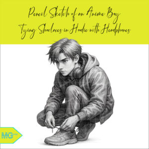 A dynamic black and white pencil sketch of an anime boy in a hoodie and headphones, crouched down while tying his shoelace. This image shows a hyper realistic pencil-style sketch of an anime boy crouched in a focused pose as he ties his shoelace. His layered outfit includes a hoodie, track pants, and a pair of headphones resting around his neck, creating a casual, modern aesthetic. The drawing captures motion and concentration with fine shading and sharp linework. This image is best for urban-style manga projects, digital youth branding, poster art, character sheets, storyboarding, comic creation, educational visuals, realistic sketch collections. or content requiring transparent background illustrations with expressive detail. Whether you're designing a graphic novel, enhancing a blog post, or building a character reference for animation, this artwork delivers powerful realism and emotional depth. Delivered in high resolution with a transparent background for easy integration across your creative platforms.
