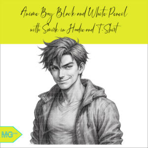 Anime Boy Black and White Pencil Sketch with Smirk in Hoodie and T-Shirt