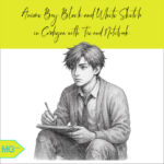 An anime boy black and white pencil sketch drawing in a cardigan and tie, focused on sketching or writing in a notebook while seated cross-legged. This image shows a hyper realistic pencil-style sketch of an anime boy deep in thought, sketching or taking notes in a notebook. His slightly tousled hair, rolled-up sleeves, and casual posture contrast with a formal shirt and tie beneath a cozy cardigan. The subtle textures, torn jeans, and attentive gaze add narrative depth. This image is best for storytelling visuals, character concept sheets, student-themed illustrations, or digital content requiring transparent background anime art with intellectual and emotional tone. Whether you’re designing a graphic novel, enhancing a blog post, or building a character reference for animation, this artwork delivers powerful realism and emotional depth. Delivered in high resolution with a transparent background for easy integration across your creative platforms.