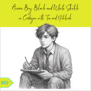An anime boy black and white pencil sketch drawing in a cardigan and tie, focused on sketching or writing in a notebook while seated cross-legged. This image shows a hyper realistic pencil-style sketch of an anime boy deep in thought, sketching or taking notes in a notebook. His slightly tousled hair, rolled-up sleeves, and casual posture contrast with a formal shirt and tie beneath a cozy cardigan. The subtle textures, torn jeans, and attentive gaze add narrative depth. This image is best for storytelling visuals, character concept sheets, student-themed illustrations, or digital content requiring transparent background anime art with intellectual and emotional tone. Whether you’re designing a graphic novel, enhancing a blog post, or building a character reference for animation, this artwork delivers powerful realism and emotional depth. Delivered in high resolution with a transparent background for easy integration across your creative platforms.